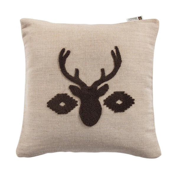 Aztec Deer Embroidered Burlap Throw Pillow